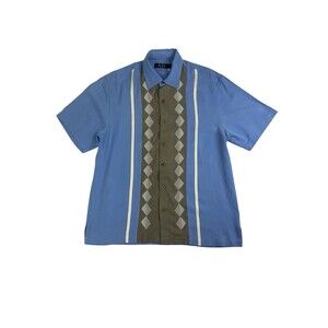 Nat Nast Luxury Originals Silk Bowling Shirt Blue Geometric Panel Short Sleeve M